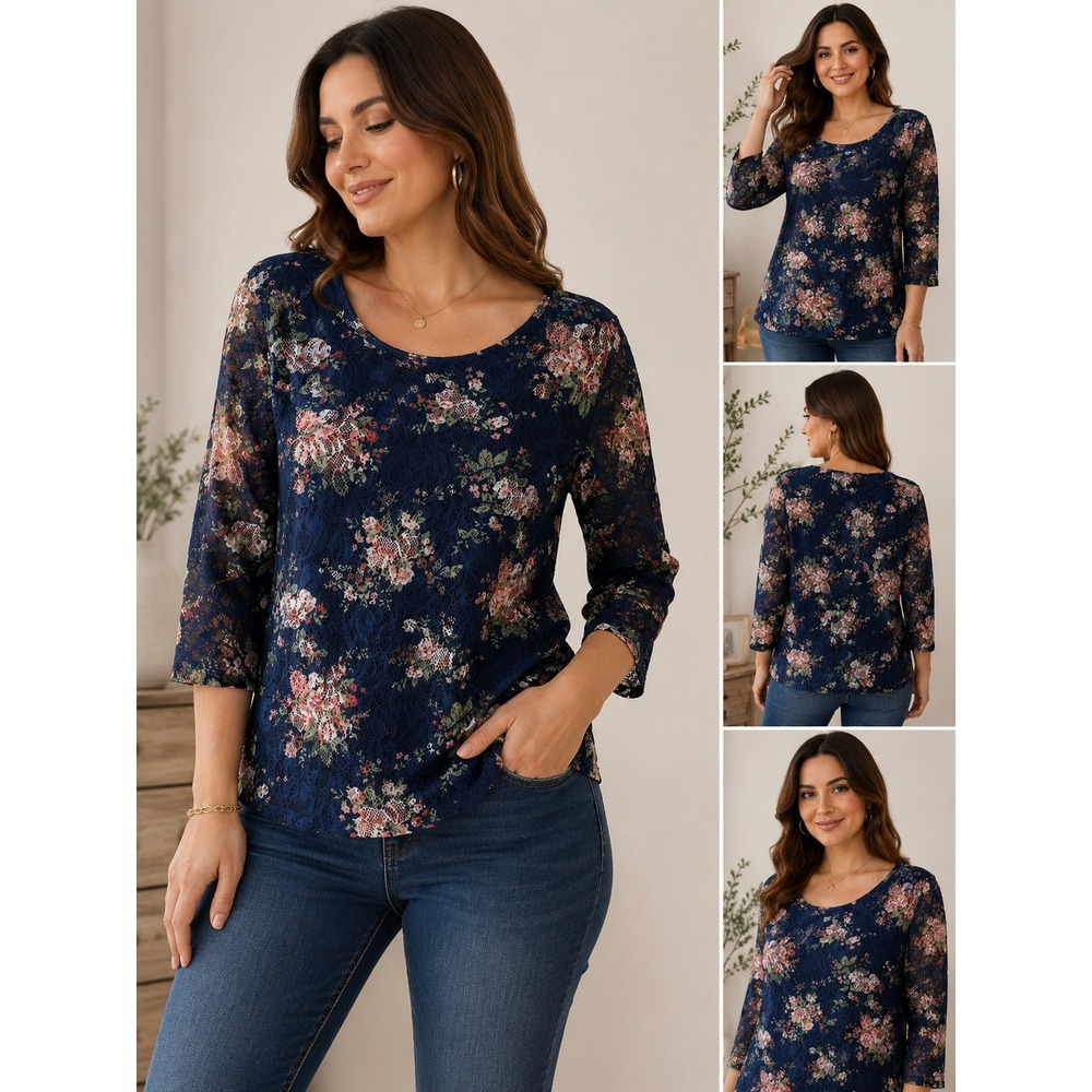 Rebecca Malone Womens L Navy Floral Lace Top 3/4 Sleeve Romantic Boho Blouse